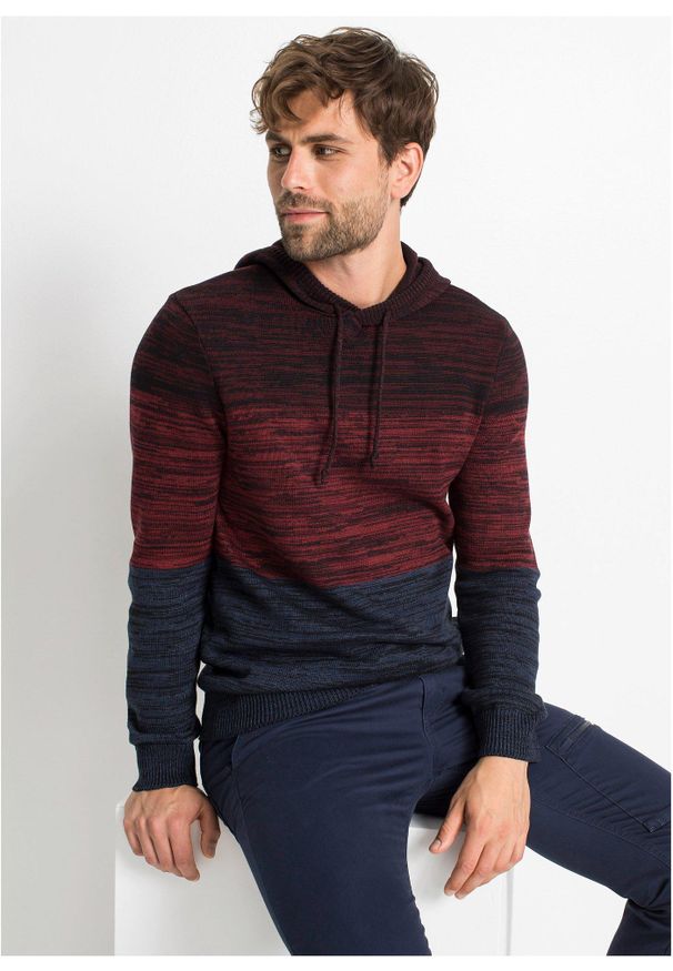 bonprix - Sweter z cienkiej dzianiny z kapturem z miękkiej mieszanki bawełny. Typ kołnierza: kaptur. Kolor: czerwony. Materiał: dzianina, bawełna. Wzór: melanż