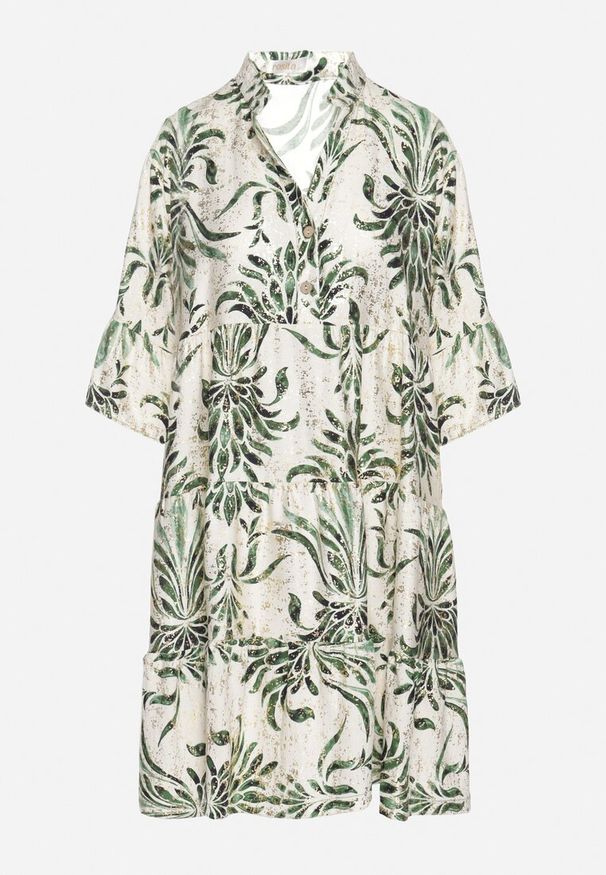 Born2be - Zielono-Beżowa Rozkloszowana Sukienka z Lnem z Metalicznym Nadrukiem Filasenia. Okazja: na spacer. Typ kołnierza: dekolt w kształcie V, kołnierz z falbankami. Kolor: zielony. Materiał: len. Wzór: nadruk. Sezon: lato. Styl: elegancki