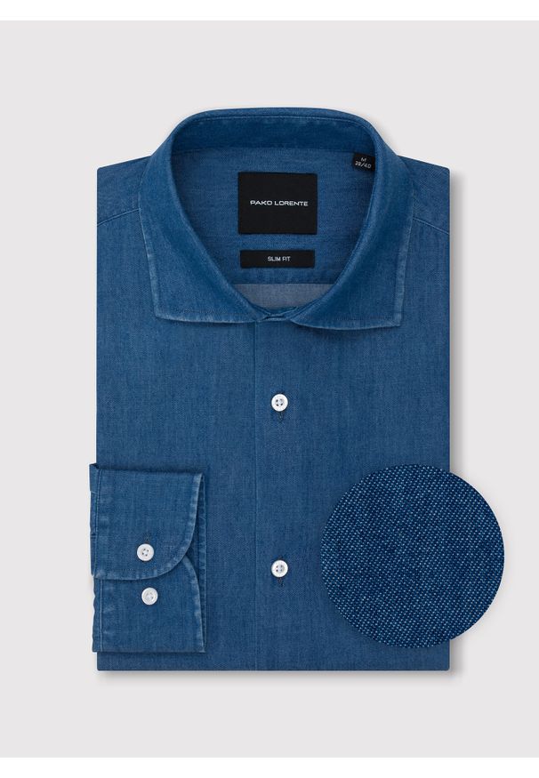 Pako Lorente - PAKO LORENTE - Niebieska koszula jeansowa. Typ kołnierza: kołnierzyk włoski. Kolor: niebieski. Materiał: jeans. Długość rękawa: długi rękaw. Długość: długie. Wzór: gładki