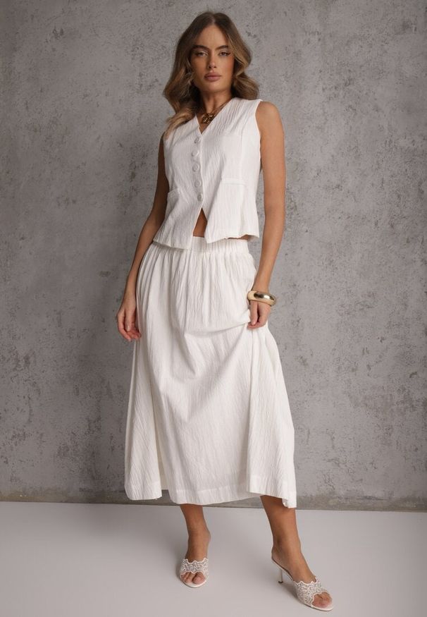 Renee - Biały Komplet z Bawełny Kamizelka i Spódnica o Rozkloszowanym Kroju Movenae. Kolor: biały. Materiał: bawełna. Wzór: geometria