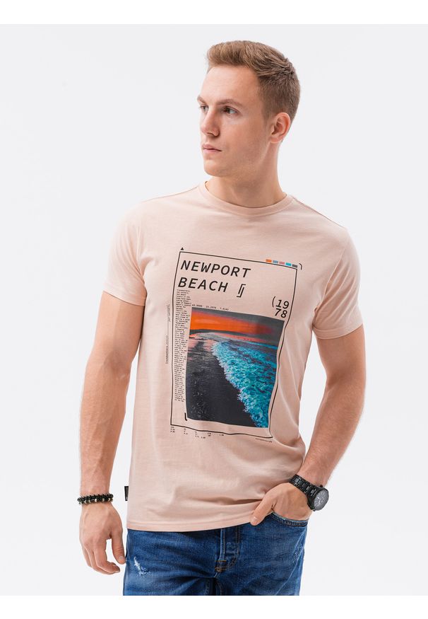 Ombre Clothing - T-shirt męski z nadrukiem S1434 V-15B - różowy - XXL. Kolor: różowy. Materiał: bawełna. Wzór: nadruk. Styl: klasyczny