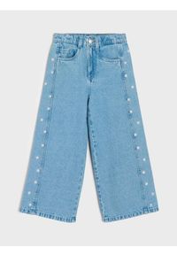 Sinsay - Jeansy wide leg z haftowanymi kwiatkami - granatowy. Kolor: niebieski. Wzór: haft, kwiaty #1