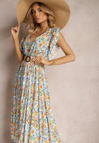 Renee - Jasnoniebieska Letnia Sukienka w Kwiaty z Bawełny z Elastyczną Gumką w Talii Wavelina. Kolor: niebieski. Materiał: bawełna. Wzór: kwiaty. Sezon: lato