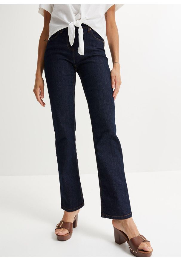 bonprix - Dżinsy ze stretchem, straight, mid waist. Stan: podwyższony. Kolor: niebieski. Styl: klasyczny