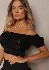 Renee - Czarny Komplet 2-Częściowy z Bawełny Ażurowy Top w Hiszpańskim Stylu Spódnica z Gumką Dolflea. Kolor: czarny. Materiał: bawełna. Wzór: ażurowy #3