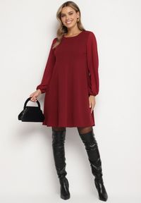 Born2be - Bordowa Sukienka o Rozkloszowanym Kroju z Półtransparentnymi Rękawami Edalinne. Okazja: na co dzień, do pracy. Kolor: czerwony. Materiał: skóra. Typ sukienki: proste. Styl: casual, elegancki #3