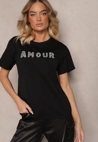 Renee - Czarny Bawełniany T-shirt z Napisem z Cekinami Marivinna. Okazja: na co dzień. Kolor: czarny. Materiał: bawełna. Wzór: napisy. Styl: klasyczny, casual, elegancki #3