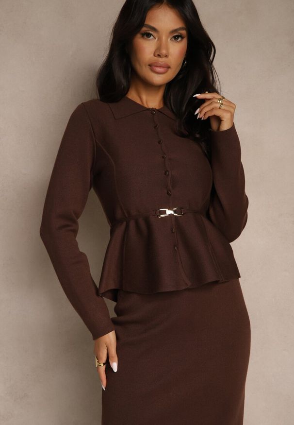 Renee - Brązowy Elegancki Komplet Garniturowy z Wiskozą Taliowana Marynarka i Spódnica Zaite. Kolor: brązowy. Materiał: wiskoza. Wzór: aplikacja