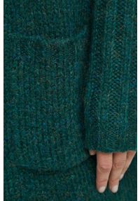 medicine - Medicine kardigan damski kolor zielony ciepły. Typ kołnierza: kaptur. Kolor: zielony. Materiał: dzianina. Długość rękawa: długi rękaw. Długość: długie. Wzór: melanż #5