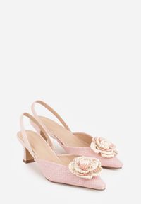 Renee - Różowe Sandały Slingback na Kaczuszce z Tweedowymi Wstawkami i Kwiatem 3D Zehe. Okazja: na co dzień, na imprezę. Zapięcie: bez zapięcia. Kolor: różowy. Materiał: jeans, koronka. Wzór: kwiaty. Obcas: na szpilce. Styl: casual, elegancki #2