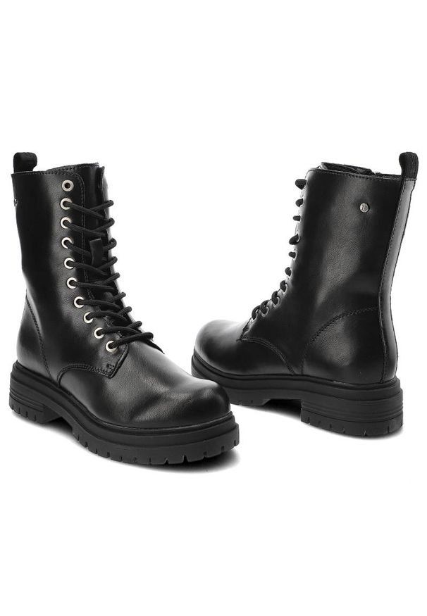 Botki damskie Filippo, ze skóry naturalnej licowej z wysoką sznurowaną cholewką metalowymi oczkami pętelką z tyłu, czarne, DBT4212/22 BK. Okazja: na uczelnię, na co dzień. Kolor: czarny. Materiał: skóra. Szerokość cholewki: normalna. Wzór: aplikacja. Obcas: na obcasie. Styl: casual. Wysokość obcasa: niski