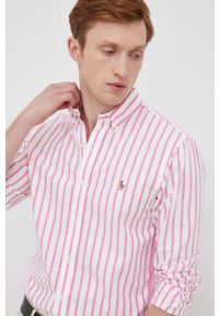 Polo Ralph Lauren koszula bawełniana męska kolor różowy slim z kołnierzykiem button-down. Typ kołnierza: polo, button down. Kolor: różowy. Materiał: bawełna