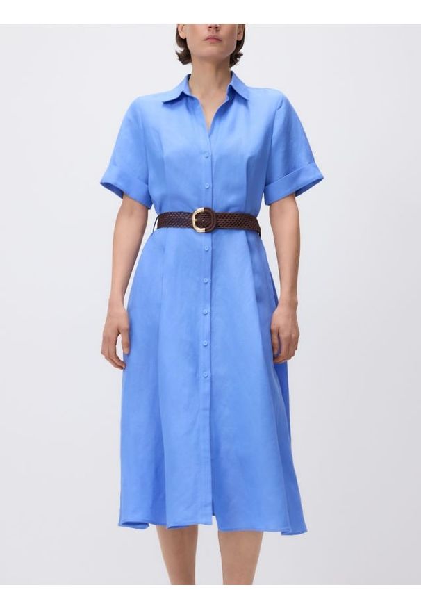 Reserved - Sukienka midi z lnem - niebieski. Kolor: niebieski. Materiał: len. Długość: midi