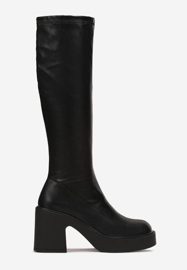 Born2be - Czarne Kozaki przed Kolano na Słupku i Platformie Zanidite. Wysokość cholewki: przed kolano. Kolor: czarny. Materiał: jeans, wełna. Wzór: aplikacja. Obcas: na platformie. Styl: elegancki