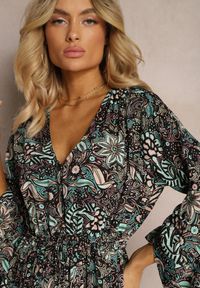 Renee - Czarno-Zielona Sukienka w Kwiatowy Print Rozkloszowana z Falbankami Airova. Typ kołnierza: kołnierz z falbankami. Kolor: czarny. Materiał: tkanina. Wzór: kwiaty, nadruk #5