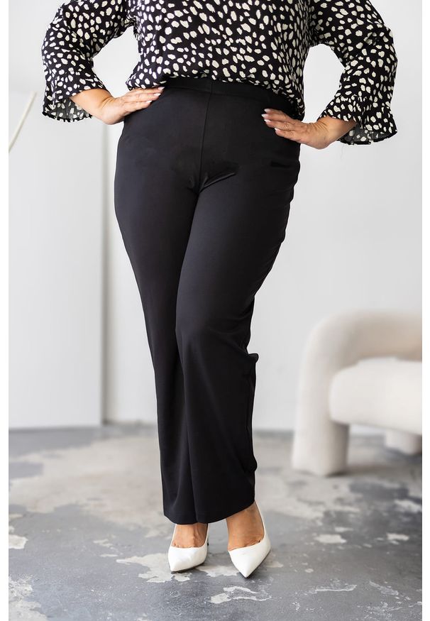 Nasi partnerzy - Czarne spodnie Andy PLUS SIZE XXL. Stan: podwyższony. Kolekcja: plus size. Kolor: czarny. Materiał: elastan, guma, materiał, poliester. Wzór: jednolity. Styl: sportowy, elegancki