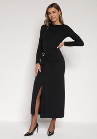 Born2be - Czarna Sukienka Koktajlowa z Aplikacją z Marszczeniem na Biodrach Rariana. Okazja: na randkę, na imprezę. Kolor: czarny. Długość rękawa: długi rękaw. Wzór: aplikacja. Styl: wizytowy #3