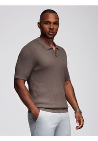 Ombre Clothing - Męska koszulka polo bez guzików z otwartym kołnierzykiem – popielata V4 - Rozmiar: S. Typ kołnierza: polo. Kolor: szary. Materiał: wiskoza, prążkowany, dzianina, elastan, nylon. Styl: klasyczny, elegancki #6