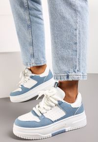 Renee - Biało-Niebieskie Sneakersy na Platformie Wiązane na Szerokie Sznurowadła Viletra. Kolor: biały. Szerokość cholewki: normalna. Obcas: na platformie #2