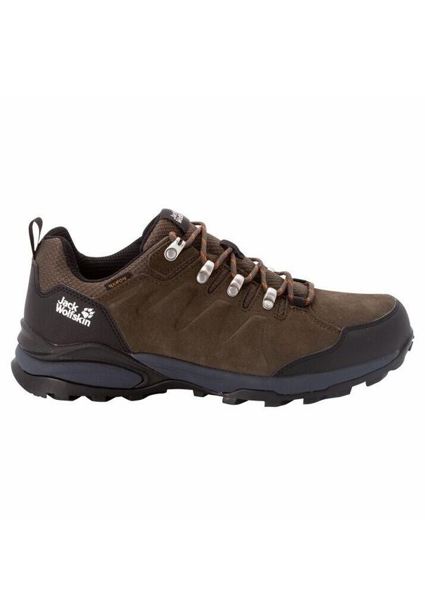 Buty trekkingowe męskie Jack Wolfskin Refugio Texapore. Zapięcie: sznurówki. Kolor: brązowy, zielony, wielokolorowy, szary. Materiał: guma, tkanina, skóra. Szerokość cholewki: normalna. Sport: turystyka piesza
