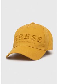Guess czapka z daszkiem bawełniana kolor żółty z aplikacją. Kolor: żółty. Materiał: bawełna. Wzór: aplikacja #1