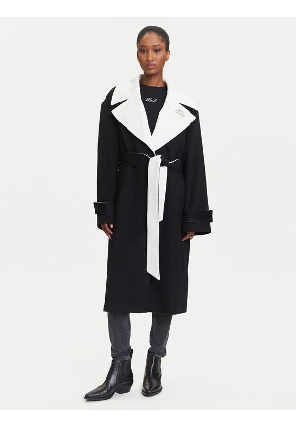 Karl Lagerfeld - KARL LAGERFELD Płaszcz wełniany A3W15010 Czarny Regular Fit. Typ kołnierza: dekolt w karo. Kolor: czarny. Materiał: wełna