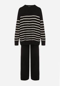 Born2be - Czarny Komplet z Wełną i Bawełną Sweter w Paski i Szerokie Spodnie Neveena. Kolor: czarny. Materiał: wełna, bawełna. Wzór: paski #3