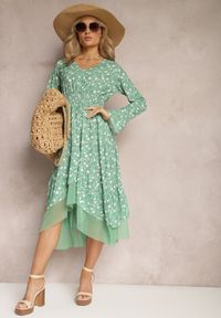 Renee - Zielona Rozkloszowana Sukienka Midi z Siateczką o Asymetrycznym Kroju Fovita. Kolor: zielony. Typ sukienki: asymetryczne. Długość: midi #2