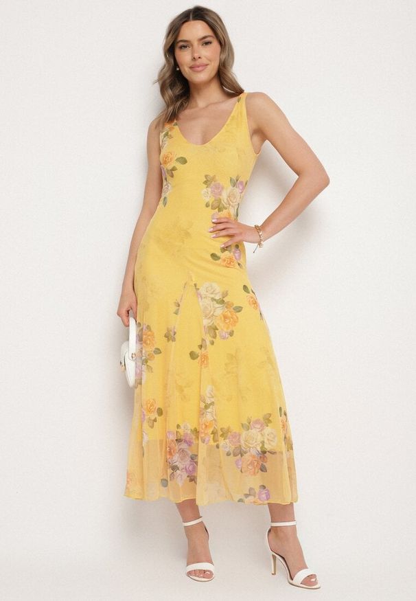 Born2be - Żółta Siateczkowa Sukienka z Kwiatowym Motywem Milanessa. Okazja: na co dzień. Kolor: żółty. Materiał: jeans. Wzór: kwiaty. Typ sukienki: proste. Styl: elegancki, casual