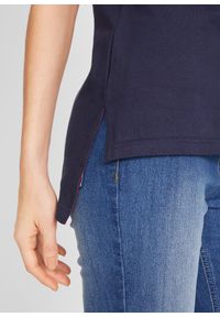 bonprix - T-shirt bawełniany z rozcięciem z boku i nadrukiem. Kolor: niebieski. Materiał: bawełna. Długość: długie. Wzór: nadruk