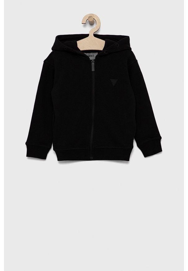 Guess Bluza dziecięca kolor czarny z kapturem gładka. Okazja: na co dzień. Typ kołnierza: kaptur. Kolor: czarny. Materiał: dzianina. Wzór: gładki. Styl: casual
