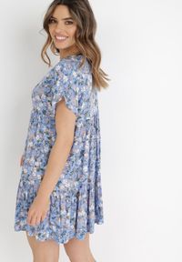 Born2be - Niebieska Sukienka Dianone. Kolor: niebieski. Długość rękawa: krótki rękaw. Wzór: kolorowy, kwiaty, nadruk. Sezon: lato. Długość: mini #5