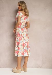 Renee - Różowo-Beżowa Sukienka Midi z Krótkim Rękawem z Wiskozy w Kwiaty Emena. Kolor: różowy. Materiał: wiskoza. Długość rękawa: krótki rękaw. Wzór: kwiaty. Sezon: lato. Typ sukienki: rozkloszowane. Długość: midi