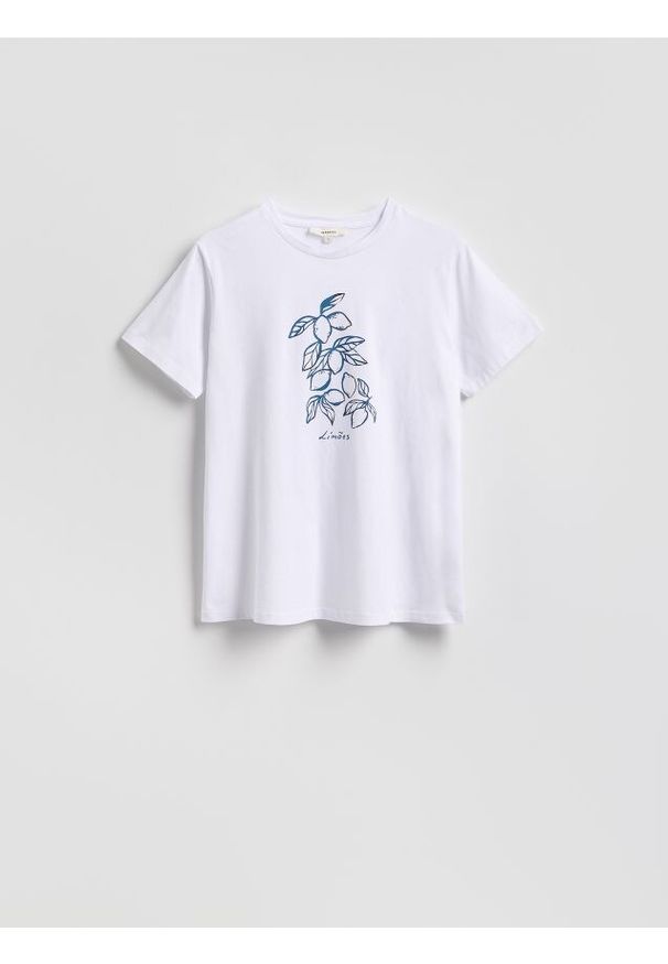 Reserved - Bawełniany t-shirt z nadrukiem - biały. Kolor: biały. Materiał: bawełna. Wzór: nadruk