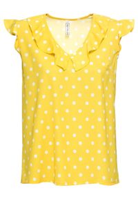 Bluzka z falbanami bonprix żółto-biały w groszki. Kolor: żółty. Wzór: grochy #1