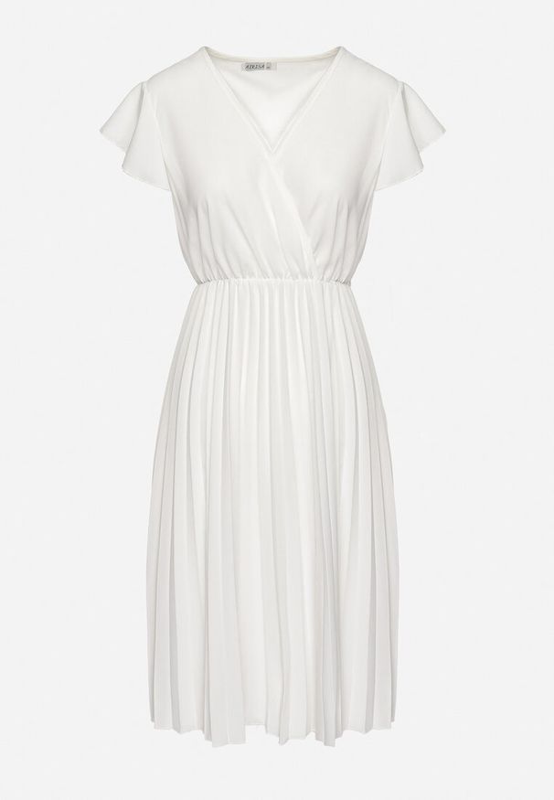 Born2be - Biała Rozkloszowana Sukienka Midi z Kopertową Górą i Plisowanym Dołem Alissu. Kolor: biały. Typ sukienki: kopertowe. Styl: klasyczny, elegancki. Długość: midi