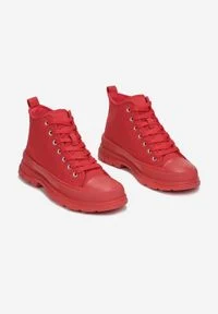 Born2be - Czerwone Trampki Calypheosis. Wysokość cholewki: przed kolano. Nosek buta: okrągły. Kolor: czerwony. Materiał: jeans, materiał, guma. Szerokość cholewki: normalna #2