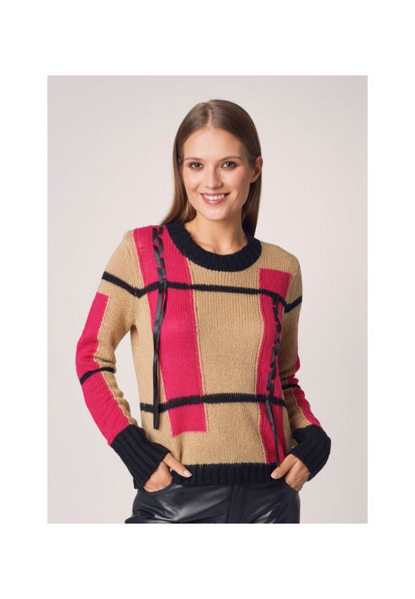 Ochnik - Sweter damski z ozdobnymi tasiemkami. Materiał: akryl. Długość: długie. Wzór: aplikacja. Sezon: zima