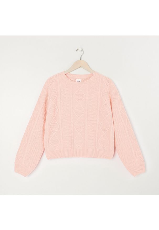 Sinsay - Sweter z ozdobnym splotem - Różowy. Kolor: różowy. Wzór: ze splotem