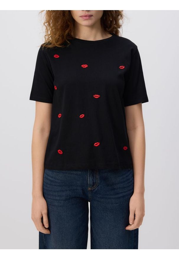 Reserved - T-shirt z haftem - czarny. Kolor: czarny. Materiał: dzianina, bawełna. Wzór: haft