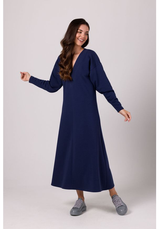 MOE - Długa Sukienka z Podwójnym Dekoltem V - Niebieska. Kolor: niebieski. Materiał: bawełna, elastan. Długość: maxi