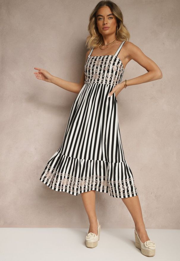 Renee - Czarno-Biała Bawełniana Sukienka z Ozdobnym Haftem Redemae. Okazja: na imprezę, na co dzień. Kolor: czarny. Materiał: bawełna. Długość rękawa: na ramiączkach. Wzór: haft. Typ sukienki: proste. Styl: casual