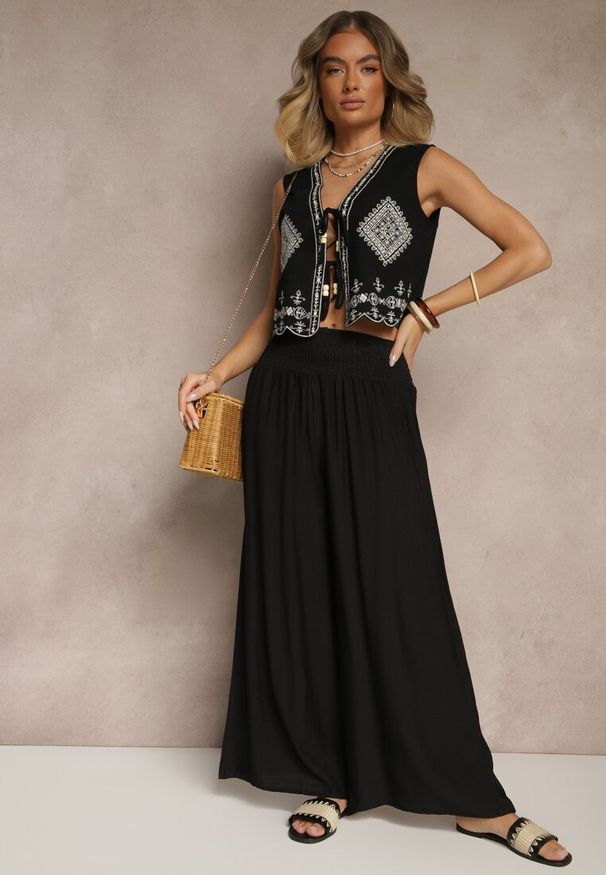 Renee - Czarne Spodnie z Wiskozą o Szerokim Kroju High Waist Orrana. Okazja: na co dzień. Stan: podwyższony. Kolor: czarny. Materiał: wiskoza. Styl: elegancki, casual