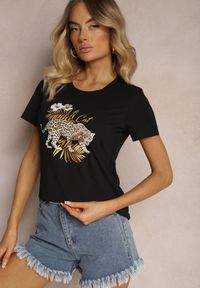 Renee - Czarny Bawełniany T-shirt ze Zwierzęcym Nadrukiem Zeliflea. Okazja: na co dzień. Kolor: czarny. Materiał: bawełna. Wzór: motyw zwierzęcy, nadruk. Sezon: lato, wiosna. Styl: casual, klasyczny, elegancki #1