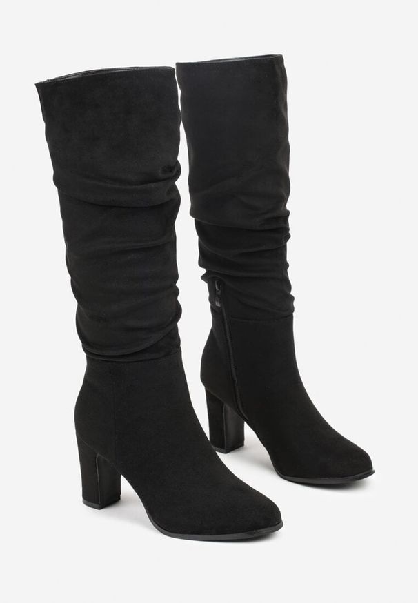 Renee - Czarne Kozaki na Słupku w Stylu Slouchy do Kolan Zeriza. Okazja: na co dzień. Kolor: czarny. Materiał: jeans. Obcas: na słupku. Styl: casual, elegancki