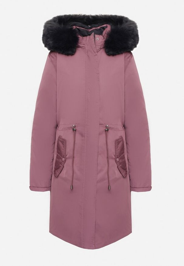 Born2be - Ciemnofioletowa Dwustronna Kurtka za Kolano z Kapturem z Futerkiem Zephyro. Typ kołnierza: kaptur. Kolor: fioletowy. Materiał: futro. Długość: długie. Wzór: gładki, aplikacja