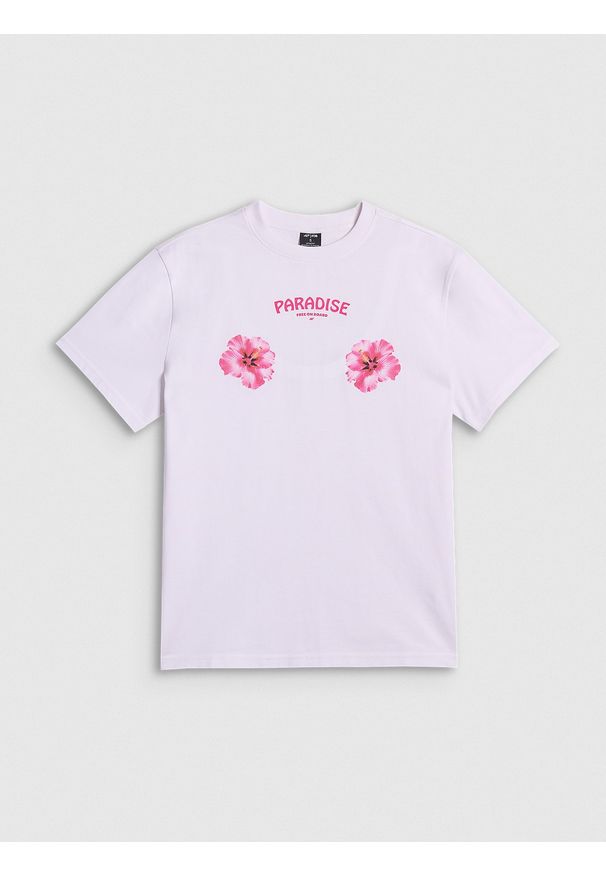 4f - 4F T-shirt loose z nadrukiem damski - biały S. Okazja: na co dzień, na plażę. Kolor: biały. Materiał: materiał, bawełna, dzianina. Wzór: nadruk. Sezon: lato. Styl: sportowy, klasyczny, wakacyjny, casual