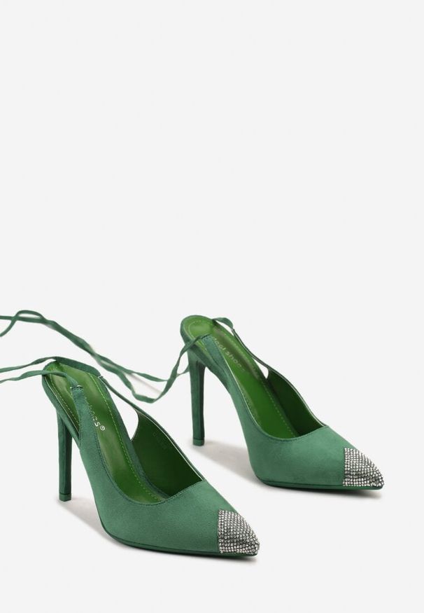 Born2be - Zielone Sandały na Szpilce z Wiązaniem wokół Łydki i Noskiem z Cyrkoniami Fidodia. Kolor: zielony. Obcas: na szpilce