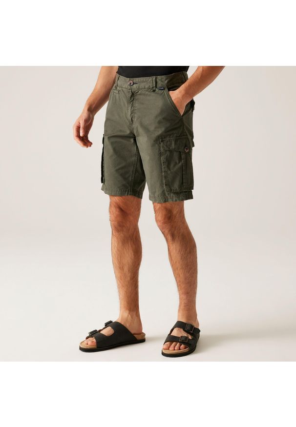 Regatta - Męskie spodenki Shorebay. Kolor: zielony. Materiał: bawełna. Sport: turystyka piesza