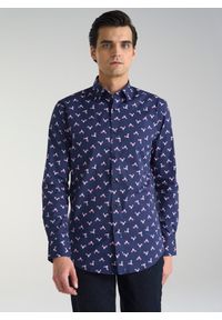 Pako Lorente - PAKO LORENTE – Granatowa koszula w kolibry. Okazja: na co dzień. Kolor: niebieski. Materiał: bawełna, elastan, jeans. Styl: casual